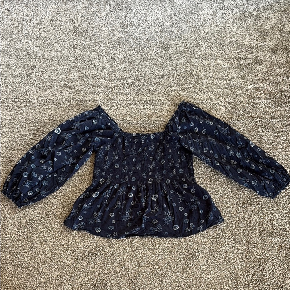 Madewell Navy Floral Puff Sleeve Blouse